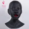 Kvinna latexmask gummi unisex huva med röda mun tänder läpp mot mantel bdsm sexleksaker för par vuxna spel bdsm mask