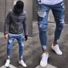 Mode Mens Stretchy Ripped Skinny Biker Jeans förstörda tejpade smala fit denim Hip Hop Pant Rip Long Trooursers