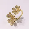 Moda jóias cheias de diamante trevo seis flor abertura flor dupla rosa ouro anel de prata para mulher
