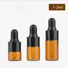 1 ml 2 ml 3 ml mini glazen druppelaar fles duidelijke amber kleine glazen monster flessen met zwarte zilveren dop voor parfum cosmetische e vloeistof