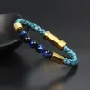 New Pulseira couro do couro genuíno com 8 milímetros de pedra esferas de aço inoxidável embutido Fecho Bangle Natural pedra olho de tigre Jóias