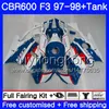 Body + Cowling Hot Blue Tank voor HONDA CBR 600 FS F3 CBR600RR CBR 600F3 97 98 290HM.8 CBR600 F3 97 98 CBR600FS CBR600F3 1997 1998 Valerijen