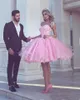 Mellanöstern Dubai Formell Short Sexy Vestidos de Homecoming Party Gowns Beaded Sweetheart Pink Short Tulle Prom Klänningar Anpassad