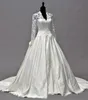 Vintage Kate Middleton manches longues automne robes de mariée A-ligne col en V ivoire taffetas appliques Peplum robes de mariée robes de ma230O