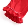 Crianças roupas 100% algodão liso bonito do inverno pijama vermelho com boutique de Natal plissado baby girl casa usar luva cheia pjs T191016