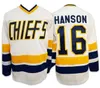 슬랩 샷 찰스 타운 족장 남자 16 잭 Hanson Jerseys 17 Steve Han Ice Hockey Jersey 자수 빈티지 18 Jeff Hanson CCM 영화 저지