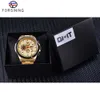 ForSining Golden Automatic Mechanical Mens Watch Racing Sports Design 3 Dials Multifunktion Datum rostfritt stål Band armbandsur275t