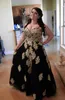 Black With Gold Lace Applique Plus size Prom Evening Dresses Special Ocassion Dresses Gowns Sweetheart A line Tulle Corset Back SD2001