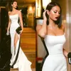 Black and White Mermaid Evening Dresses 2019 Strapless High Slit Sexy Prom Gowns Plus Size Custom Made robe de soiree Cheap