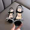 Girls Chic Sandals Princess Rhienststone Bowtie Dzieci Summer Sukienka Buty Kids Sandals Square Heels Sweet Fashion Soft 26-36 Hot