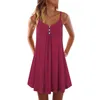 Kobiety Suknie Plażowe Slip Sukienka Bez Rękawów Ubrania Pleat Plus Size 5x Pure Color Sexy Plain Sundress V Neck Button Odzież Ljja2498