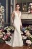 2020 Nya bröllopsklänningar Deep V Neck Lace Appliques Beach Bridal Gowns Sexig Backless Sweep Train Mermaid Bröllopsklänning Robe de Marie