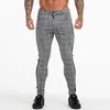 Calça jogger masculina cinza xadrez chinos calças skinny para homens listra lateral elástico encaixe atlético corpo building267x