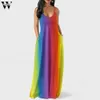 Womail Print Vestido largo Mujer Correas Cuello en V Bolsillos sin mangas Boho Maxi Rainbow V-cuello dropship Feb14