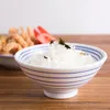 4.8" 5.7" High Footed Conical Bowl Retro Blue Striped Handmade White Japanese Porcelain Dinnerware for Rice Miso Soup Noodle