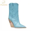 Heißer Verkauf – blaue Keilstiefel für Damen 2019, sexy kurze lange Stiefel, klobige High Heels, Laubsägearbeiten, spitze Zehen, modische Damenschuhe FT558