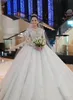 Luxuriöse muslimische Ballkleid-Hochzeitskleider, Juwelenausschnitt, Spitze, Applikationen, Perlen, Pailletten, lange Ärmel, Kathedralenschleppe, Arabisch, formelle Brid303t