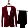 Men Blazers + Pants Wine Red Velvet Jacket Burgundy Suit Jacket Costume Homme Mens Stage Wear Floral