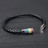 Neuer trendiger Modedesigner, einfacher Titan-Regenbogen-geflochtener Magnet-Armreif aus echtem Leder für Männer, schwarz, 20,5 cm