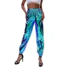 Nova Moda Mulheres Metálico Basculador Brilhante Longo Pant Mulheres Casuais Loose Cintura Alta Cintura Calça de Cor Holográfica