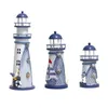 Mediterranean Style LED Lighthouse Iron Figurine Nostalgic Ornaments Ocean Anchor for Home Desk Room Wedding Decoration Crafts