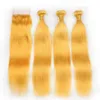 Ren gul brasilianskt mänskligt hår väv med stängning rakt färgade gula jungfrubuntar handlar 3 st med 4x4 spetsfrontlåsning