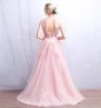 2019 Vestidos De Novia A Line Sexy Deep-V Back Bead Lace Long Tulle Wedding Dresses Backless Ribbon Colorful Blush Pink Bridal Gowns 1197
