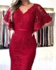 2024 Cheap Sexy Bury Mermaid Evening Dresses Wear V Neck Lace Appliques Beaded Poet Sleeves Button Back Formal Party Dress Prom Gowns 403