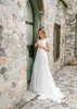 2020 New A-line Lace Chiffon Modest Wedding Dresses With Short Sleeves Champagne lining Jewel Neck Corset Boho Informal LDS Bridal Gown