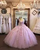 Riktigt foto mode dammig rosa rosa boll klänning prom quinceanera klänningar v nacke 3d blommor blommor applique tulle party afton klänning
