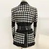 New Style Top Quality Original Design Women's Stylish Trendy Houndstooth Coat Denim stitching Jacket Metal Buckles Outwear with Waist Belt