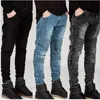 Fashion-Mens Skinny Jeans Homens Decolagem Afligido Magro Elástico Jeans Denim Biker Jeans Hip Hop Calças Lavadas Pleated Jean Blue