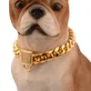 Dog Collars & Leashes Abrrlo 14mm Pet Collar Stainless Steel Metal Gold Plated Curb Cuban Chain Training Walking Necklace For Dogs302a