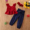 Ropa para niña recién nacida, chaleco de gasa con mangas moscas, Tops rojos, pantalones vaqueros con lazo azul marino, traje para niña dulce