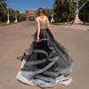 Demure Elegant Evening Dresses Sexy V Neck Appliques Backless Tulle A Line Prom Dresses Tiered Skirts Organza Ruffles robes de soirée