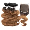 Paquets de cheveux bruns ombrés avec fermeture couleur 1B 30 cheveux brésiliens ondulés 4 paquets avec fermeture à lacets 4x4 extension de cheveux humains Remy5712450