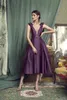 2019 New Purple Mother Of The Bride Dresses Sheer V Neck Sleeveless Satin Formal Evening Prom Dress Tea Length Wedding Guest Gowns Cheap