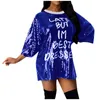 Zomerjurk vrouwen sexy o-hals brief print gaas pailletten patchwork losse shirt jurk streetwear glitter tee vestidos 1