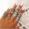 Silver vintage carved openwork palm heart shaped opal crown leaf joint ring 16 piece set ladies