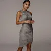 Mulheres ajustável com cordão Vestidos Sexy magro Hip Pacote com plissadas Vestidos Casual cor sólida sem mangas Vestidos Roupa feminina