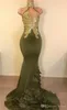 Oilve Groene Charmante Sexy Mermaid Prom Jurken Hoge Juweel Hals Gouden Applique Sweep Trein Formele Jurk Evening Wear Party Jurken Ogstuff