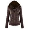 Mode-Dames PU Lederen Jas Hooded Revers Rits Zakken Verwijderbare Jassen Coat Plus Size S-7XL Gratis verzending