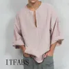 Men Long Sleeve Cotton Linen Shirt Loose Summer Casual V-Neck National style Shirts Tops Plus Size 3XL Solid Blouse Tee