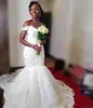 Vestidos de noiva sereia africanos apliques de renda com miçangas Court Train vestidos de noiva ombro a ombro com renda Robe De Mariage