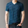 Jacquard Wycinanka V Neck Mężczyzna Tshirt Elastyczność Casual Topy Lato Nowy Oddychający Cool Ice Jedwab Slim Męska Moda Luźna Odzież Tee