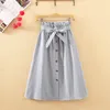 Summer Autumn Skirts Womens Midi Knee Length Korean Elegant Button High Waist Skirt Female Pleated School Skirt