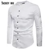 Jackeywu Brand Casual Shirts Men 2019 Korean Fashion Collarless Long Sleeve Dress Shirt Business Social Camisa Masculina White262i