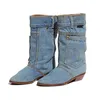 Plus Size US 4-12 2019 Mode Kvinnor Cowboy Boots Ny Style Western Casual Half Sexy Low Heels Solid Blue Slip-On Denim Boots Partihandel