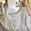 Underbara sjöjungfru bröllopsklänningar med avtagbart tåg Off Shoulder Spets Brudklänning Vestidos Rygglös Dubai Bröllopsklänning Plus Size
