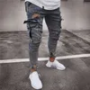 Multi Pocket Men Ripped Jeans Skinny Destruíram Slim Fit Fit Denim Pant Casual Hole Zipper Calça Blue nostálgica